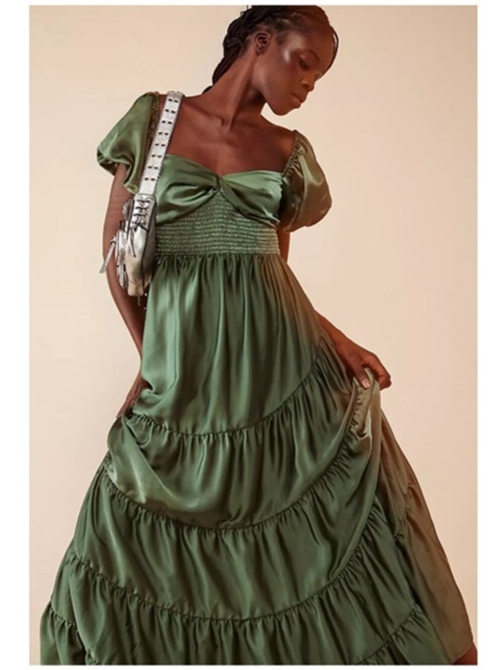 Free People Sundrenched Silky Maxi Dress Green Puff Sleeve Women's Size Small